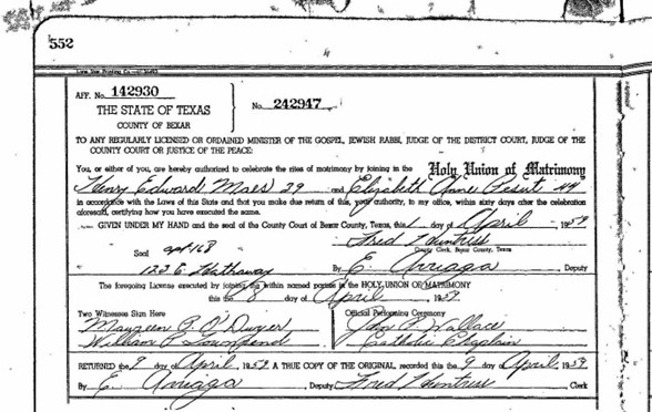 The Marriage License for Elizabeth and Henry